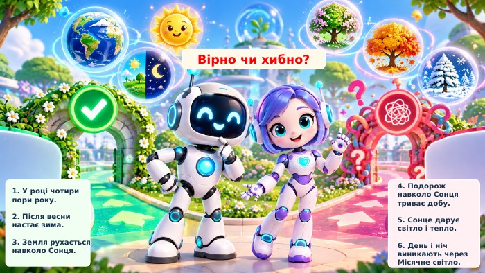 Вірно чи хибно?1. У році чотири пори року.2. Після весни настає зима.3. Земля рухається навколо Сонця.4. Подорож навколо Сонця триває добу.5. Сонце дарує світло і тепло.6. День і ніч виникають через Місячне світло.16