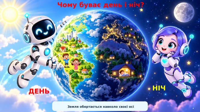 Чому буває день і ніч?ДЕНЬНІЧЗемля обертається навколо своєї осі6