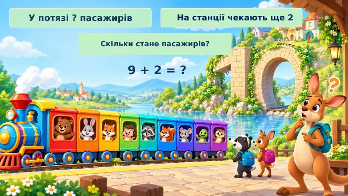 У потязі ? пасажирів. На станції чекають ще 2 Скільки стане пасажирів?9 + 2 = ?