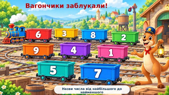 Вагончики заблукали!Назви числа від найбільшого до найменшого