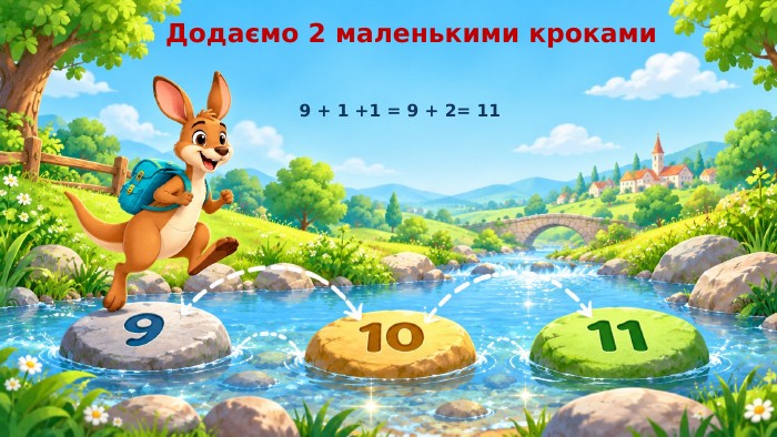 Додаємо 2 маленькими кроками9 + 1 +1 = 9 + 2= 11 