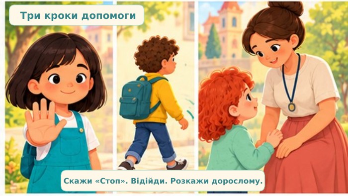 Три кроки допомоги. Скажи «Стоп». Відійди. Розкажи дорослому.
