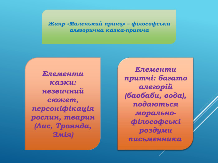 Жанр «Маленький принц» – філософська алегорична казка-притча. Елементи притчі: багато алегорій (баобаби, вода), подаються морально-філософські роздуми письменника. Елементи казки: незвичний сюжет, персоніфікація рослин, тварин (Лис, Троянда, Змія)