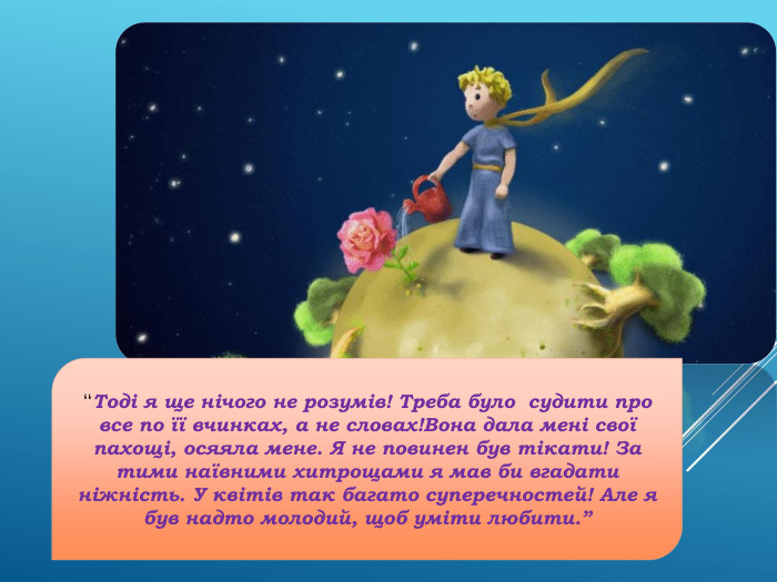 “Тоді я ще нічого не розумів! Треба було судити про все по її вчинках, а не словах!Вона дала мені свої пахощі, осяяла мене. Я не повинен був тікати! За тими наївними хитрощами я мав би вгадати ніжність. У квітів так багато суперечностей! Але я був надто молодий, щоб уміти любити.”