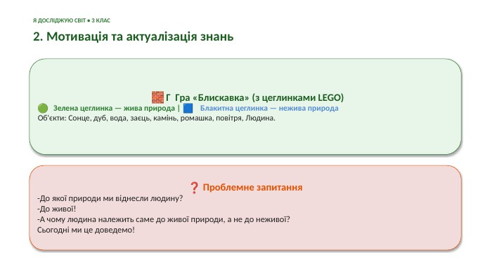 Я ДОСЛІДЖУЮ СВІТ • 3 КЛАС2. Мотивація та актуалізація знань 🧱 Г Гра «Блискавка» (з цеглинками LEGO)🟢 Зелена цеглинка — жива природа | 🟦 Блакитна цеглинка — нежива природа. Об'єкти: Сонце, дуб, вода, заєць, камінь, ромашка, повітря, Людина.❓ Проблемне запитання-До якої природи ми віднесли людину? -До живої! -А чому людина належить саме до живої природи, а не до неживої? Сьогодні ми це доведемо!