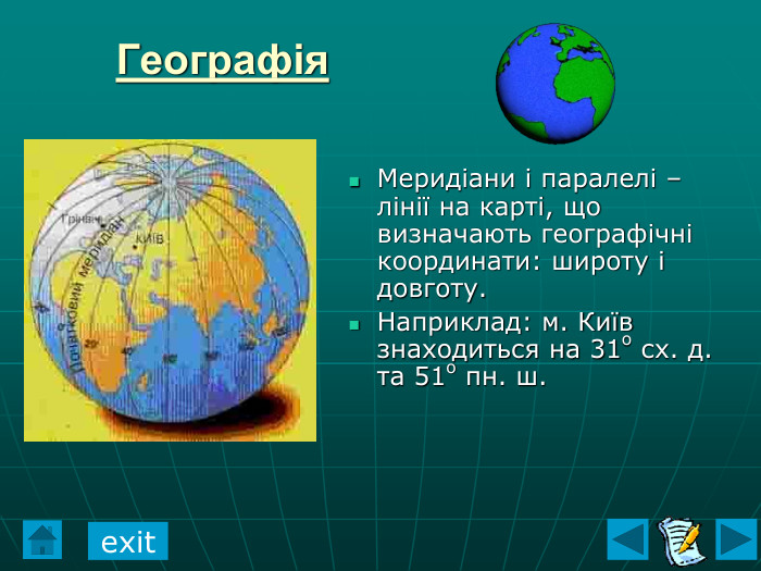 Географія Меридіани і паралелі – лінії на карті, що визначають географічні координати: широту і довготу. Наприклад: м. Київ знаходиться на 31о сх. д. та 51о пн. ш. exit 