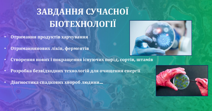 ЗАВДАННЯ СУЧАСНОЇ БІОТЕХНОЛОГІЇОтримання продуктів харчування. Отриманнянових ліків, ферментів. Створення нових і покращення існуючих порід, сортів, штамів. Розробка безвідходних технологій для очищення енергіїДіагностика спадкових хвороб людини…