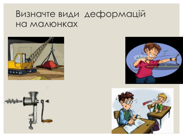 Визначте види  деформацій на малюнках 