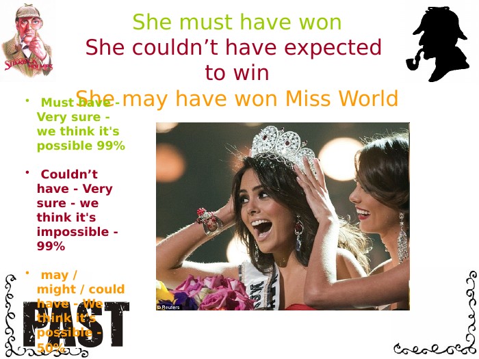 She must have won. She couldn’t have expected to win. She may have won Miss World Must have - Very sure - we think it's possible 99% Couldn’t have - Very sure - we think it's impossible - 99% may / might / could have - We think it's possible - 50% 