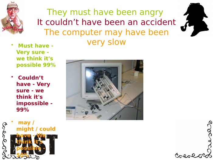 They must have been angry It couldn’t have been an accident. The computer may have beenvery slow Must have - Very sure - we think it's possible 99% Couldn’t have - Very sure - we think it's impossible - 99% may / might / could have - We think it's possible - 50% 