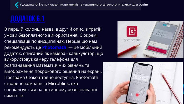 додаток 6.1 В першій колонці назва, в другій опис, в третій умови безоплатного використання. Є окремі спеціалізації по дисциплінах. Перше що нам рекомендують це Photomath — це мобільний додаток, описаний як камера - калькулятор, що використовує камеру телефона для розпізнавання математичних рівнянь та відображення покрокового рішення на екрані. Програма безкоштовно доступна. Photomath створено компанією Microblink, яка спеціалізується на оптичному розпізнаванні символів. У додатку 6.1 є приклади інструментів генеративного штучного інтелекту для освіти