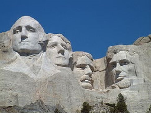 (left to right) Sculptures of George Washington, Thomas Jefferson, Theodore Roosevelt, and Abraham Lincoln represent the first 150 years of the history of the United States.