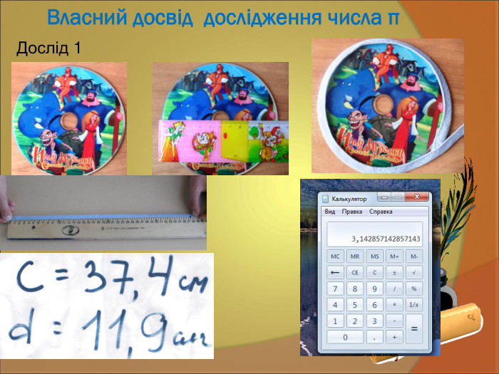 Власний досвід  дослідження числа π Дослід 1 