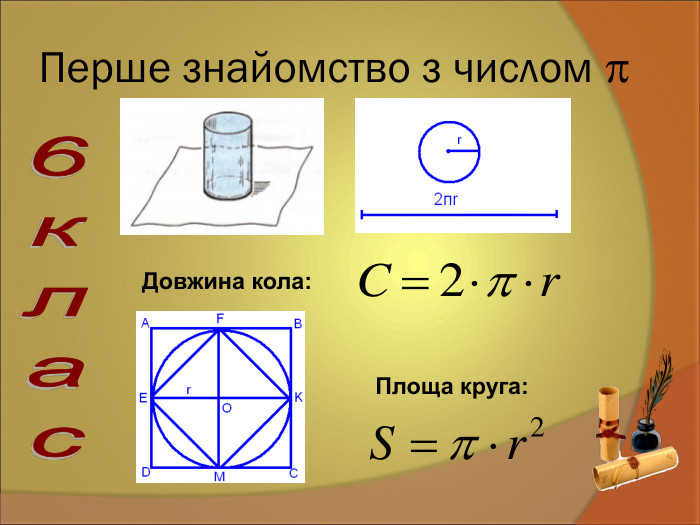 Перше знайомство з числом  Довжина кола: Площа круга:  