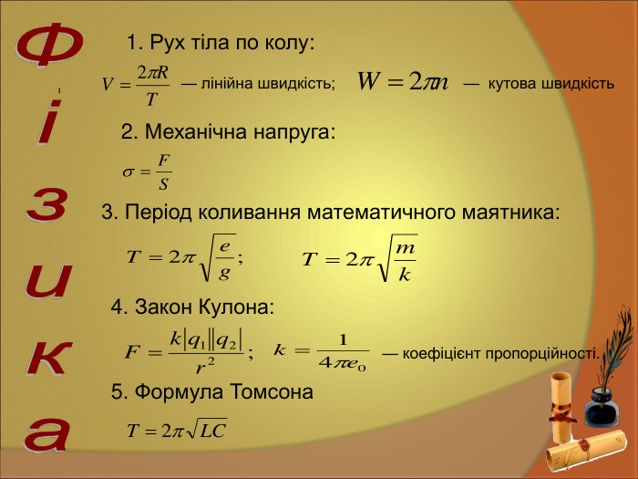  1. Рух тіла по колу:  — лінійна швидкість;  —  кутова швидкість  2. Механічна напруга: 3. Період коливання математичного маятника:  4. Закон Кулона:    — коефіцієнт пропорційності.  5. Формула Томсона 