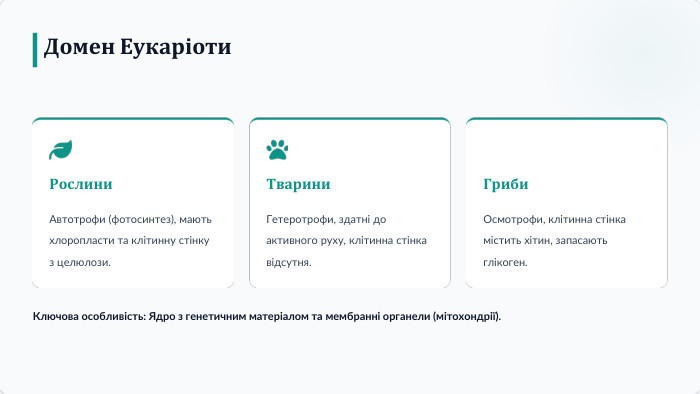 Домен Еукаріоти. Ключова особливість: Ядро з генетичним матеріалом та мембранні органели (мітохондрії). Рослини. Автотрофи (фотосинтез), мають хлоропласти та клітинну стінку з целюлози. Тварини. Гетеротрофи, здатні до активного руху, клітинна стінка відсутня. Гриби. Осмотрофи, клітинна стінка містить хітин, запасають глікоген.