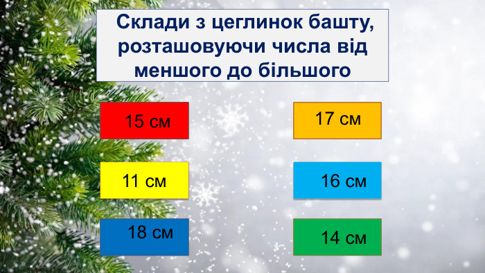  Склади з цеглинок башту,розташовуючи числа від меншого до більшого 11 см18 см17 см16 см14 см15 см