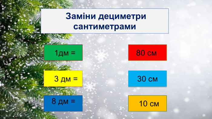  Заміни дециметри сантиметрами 30 см 3 дм =8 дм = 80 см10 см1дм =