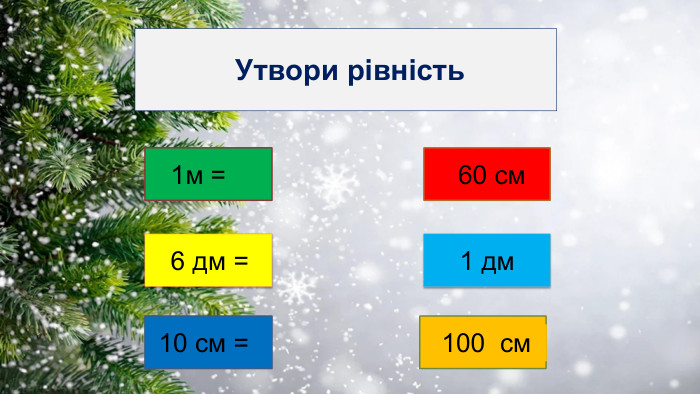  Утвори рівність 1 дм 6 дм =10 см =60 см100 см1м =