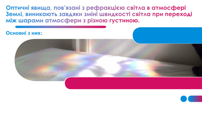 Оптичні явища, пов’язані з рефракцією світла в атмосфері Землі, виникають завдяки зміні швидкості світла при переході між шарами атмосфери з різною густиною. Основні з них: