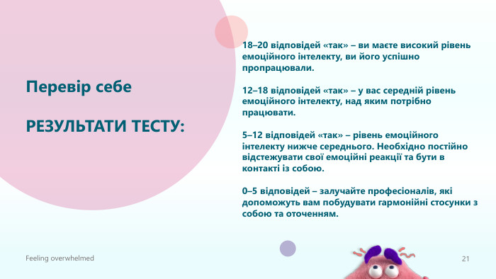 Перевір себе. РЕЗУЛЬТАТИ ТЕСТУ:18–20 відповідей «так» – ви маєте високий рівень емоційного інтелекту, ви його успішно пропрацювали.12–18 відповідей «так» – у вас середній рівень емоційного інтелекту, над яким потрібно працювати.5–12 відповідей «так» – рівень емоційного інтелекту нижче середнього. Необхідно постійно відстежувати свої емоційні реакції та бути в контакті із собою.0–5 відповідей – залучайте професіоналів, які допоможуть вам побудувати гармонійні стосунки з собою та оточенням. Feeling overwhelmed21