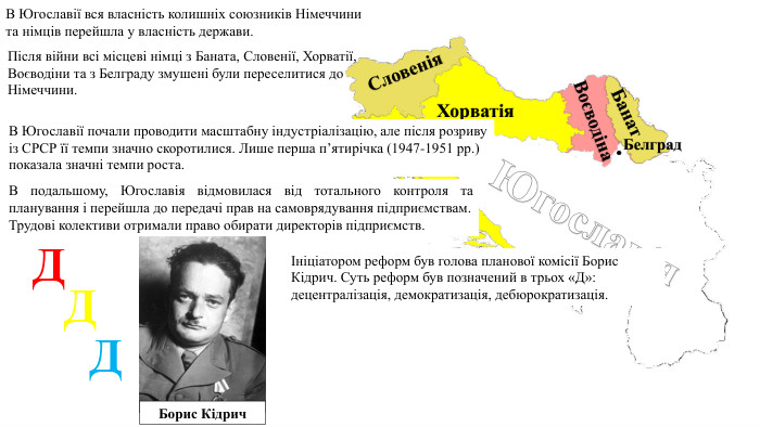 Белград. В Югославії вся власність колишніх союзників Німеччини та німців перейшла у власність держави. Югославія. Після війни всі місцеві німці з Баната, Словенії, Хорватії, Воєводіни та з Белграду змушені були переселитися до Німеччини. Банат. Словенія. Хорватія. Воєводіна. В Югославії почали проводити масштабну індустріалізацію, але після розриву із СРСР її темпи значно скоротилися. Лише перша п’ятирічка (1947-1951 рр.) показала значні темпи роста. В подальшому, Югославія відмовилася від тотального контроля та планування і перейшла до передачі прав на самоврядування підприємствам. Трудові колективи отримали право обирати директорів підприємств.Ініціатором реформ був голова планової комісії Борис Кідрич. Суть реформ був позначений в трьох «Д»: децентралізація, демократизація, дебюрократизація. Борис Кідрич. ДДД