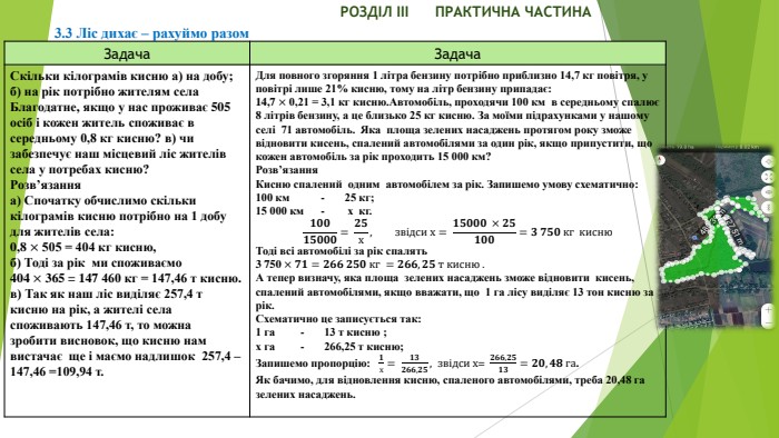 Задача Задача. Скільки кілограмів кисню а) на добу; б) на рік потрібно жителям села Благодатне, якщо у нас проживає 505 осіб і кожен житель споживає в середньому 0,8 кг кисню? в) чи забезпечує наш місцевий ліс жителів села у потребах кисню? Розв’язанняа) Спочатку обчислимо скільки кілограмів кисню потрібно на 1 добу для жителів села: 0,8 × 505 = 404 кг кисню, б) Тоді за рік ми споживаємо 404 × 365 = 147 460 кг = 147,46 т кисню. в) Так як наш ліс виділяє 257,4 т кисню на рік, а жителі села споживають 147,46 т, то можна зробити висновок, що кисню нам вистачає ще і маємо надлишок 257,4 – 147,46 =109,94 т. Для повного згоряння 1 літра бензину потрібно приблизно 14,7 кг повітря, у повітрі лише 21% кисню, тому на літр бензину припадає:14,7 × 0,21 = 3,1 кг кисню. Автомобіль, проходячи 100 км в середньому спалює 8 літрів бензину, а це близько 25 кг кисню. За моїми підрахунками у нашому селі 71 автомобіль. Яка площа зелених насаджень протягом року зможе відновити кисень, спалений автомобілями за один рік, якщо припустити, що кожен автомобіль за рік проходить 15 000 км?Розв’язання. Кисню спалений одним автомобілем за рік. Запишемо умову схематично:100 км - 25 кг;15 000 км - х кг.𝟏𝟎𝟎𝟏𝟓𝟎𝟎𝟎= 𝟐𝟓х,  звідси х= 𝟏𝟓𝟎𝟎𝟎 ×𝟐𝟓𝟏𝟎𝟎=𝟑 𝟕𝟓𝟎 кг  кисню. Тоді всі автомобілі за рік спалять 3 750 ×𝟕𝟏=𝟐𝟔𝟔 𝟐𝟓𝟎 кг =𝟐𝟔𝟔,𝟐𝟓 т кисню . А тепер визначу, яка площа зелених насаджень зможе відновити кисень, спалений автомобілями, якщо вважати, що 1 га лісу виділяє 13 тон кисню за рік. Схематично це записується так:1 га - 13 т кисню ;х га - 266,25 т кисню; Запишемо пропорцію: 𝟏х= 𝟏𝟑𝟐𝟔𝟔,𝟐𝟓,  звідси х=  𝟐𝟔𝟔,𝟐𝟓𝟏𝟑=𝟐𝟎,𝟒𝟖 га. Як бачимо, для відновлення кисню, спаленого автомобілями, треба 20,48 га зелених насаджень. Задача Задача. РОЗДІЛ ІІІ ПРАКТИЧНА ЧАСТИНА3.3 Ліс дихає – рахуймо разом