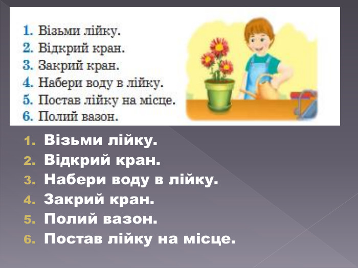 Візьми лійку. Відкрий кран. Набери воду в лійку. Закрий кран. Полий вазон. Постав лійку на місце.