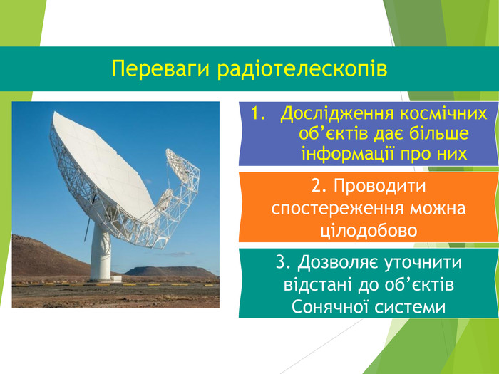 Переваги радіотелескопів Дослідження космічних об’єктів дає більше інформації про них 2. Проводити спостереження можна цілодобово 3. Дозволяє уточнити відстані до об’єктів Сонячної системи 