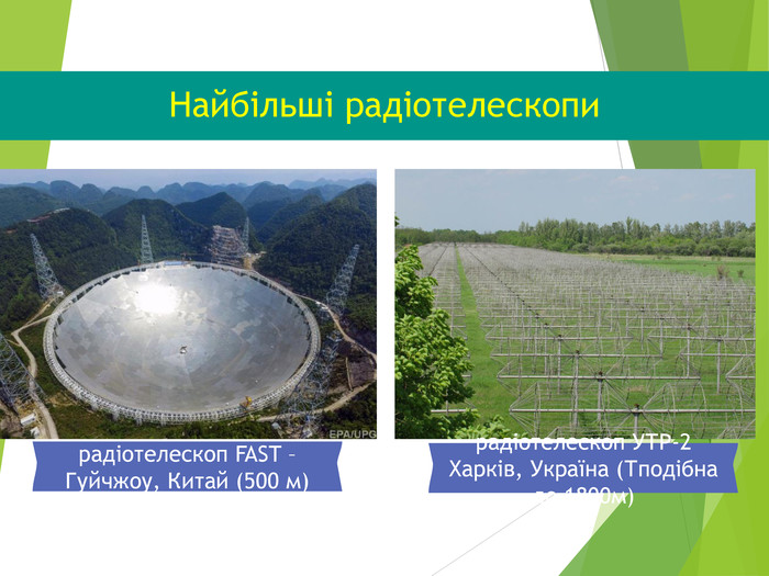 Найбільші радіотелескопи  радіотелескоп FAST – Гуйчжоу, Китай (500 м)   радіотелескоп УТР-2 Харків, Україна (Тподібна до 1800м) 