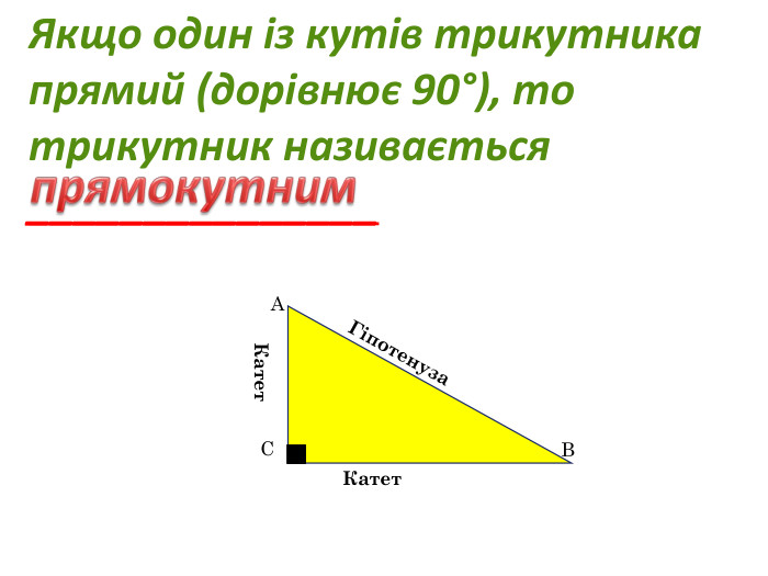Якщо один із кутів трикутника прямий (дорівнює 90°), то трикутник називається _______________АВСГіпотенуза. Катет. Катетпрямокутним