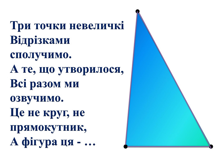 Три точки невеличкіВідрізками сполучимо. А те, що утворилося, Всі разом ми озвучимо. Це не круг, не прямокутник,А фігура ця - …