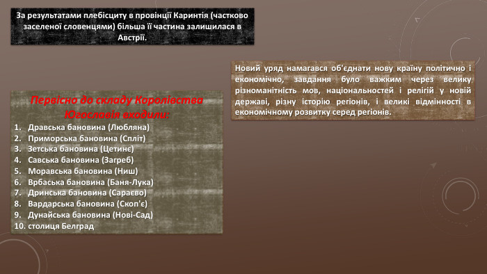 За результатами плебісциту в провінції Каринтія (частково заселеної словенцями) більша її частина залишилася в Австрії. Новий уряд намагався об'єднати нову країну політично і економічно, завдання було важким через велику різноманітність мов, національностей і релігій у новій державі, різну історію регіонів, і великі відмінності в економічному розвитку серед регіонів. Первісно до складу Королівства Югославія входили: Дравська бановина (Любляна)Приморська бановина (Спліт)Зетська бановина (Цетинє)Савська бановина (Загреб)Моравська бановина (Ниш)Врбаська бановина (Баня-Лука)Дринська бановина (Сараєво)Вардарська бановина (Скоп'є)Дунайська бановина (Нові-Сад)столиця Белград
