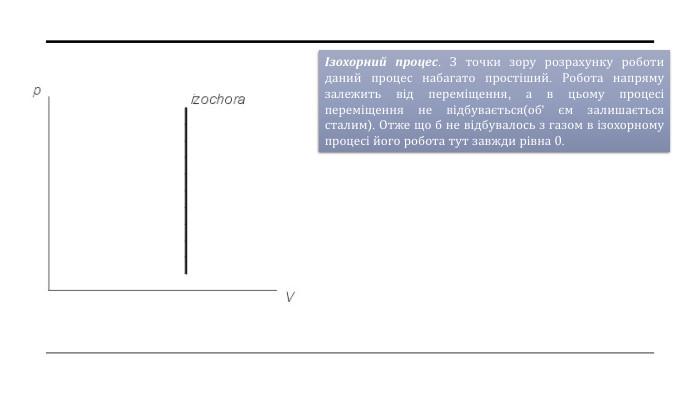 Ізохорний процес. З точки зору розрахунку роботи даний процес набагато простіший. Робота напряму залежить від переміщення, а в цьому процесі переміщення не відбувається(об' єм залишається сталим). Отже що б не відбувалось з газом в ізохорному процесі його робота тут завжди рівна 0.