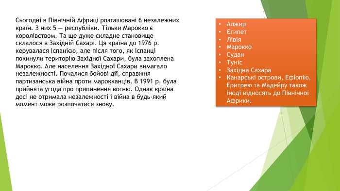 Сьогодні в Північній Африці розташовані 6 незалежних країн. З них 5 — республіки. Тільки Марокко є королівством. Та ще дуже складне становище склалося в Західній Сахарі. Ця країна до 1976 р. керувалася Іспанією, але після того, як іспанці покинули територію Західної Сахари, була захоплена Марокко. Але населення Західної Сахари вимагало незалежності. Почалися бойові дії, справжня партизанська війна проти марокканців. В 1991 р. була прийнята угода про припинення вогню. Однак країна досі не отримала незалежності і війна в будь-який момент може розпочатися знову. АлжирЄгипет. Лівія. Марокко. Судан. Туніс. Західна Сахара. Канарські острови, Ефіопію, Еритрею та Мадейру також іноді відносять до Північної Африки.
