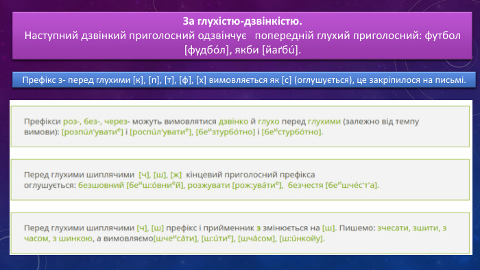 За глухістю-дзвінкістю. Наступний дзвінкий приголосний одзвінчує попередній глухий приголосний: футбол [фудбóл], якби [йаґбú]. Префікс з- перед глухими [к], [п], [т], [ф], [х] вимовляється як [с] (оглушується), це закріпилося на письмі.
