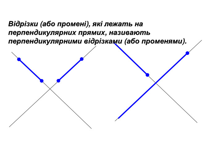 Відрізки (або промені), які лежать на перпендикулярних прямих, називають перпендикулярними відрізками (або променями). 