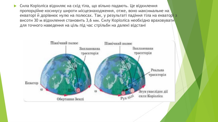 Сила Коріоліса відхиляє на схід тіла, що вільно падають. Це відхилення пропорційне косинусу широти місцезнаходження, отже, воно максимальне на екваторі й дорівнює нулю на полюсах. Так, у результаті падіння тіла на екваторі з висоти 30 м відхилення становить 3,6 мм. Силу Коріоліса необхідно враховувати для точного наведення на ціль під час стрільби на далекі відстані