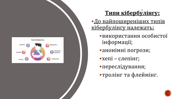 Типи кібербу́лінгу: До найпоширеніших типів кібербулінгу належать:використання особистої інформації;анонімні погрози;хепі – слепінг;переслідування;тролінг та флеймінг. 