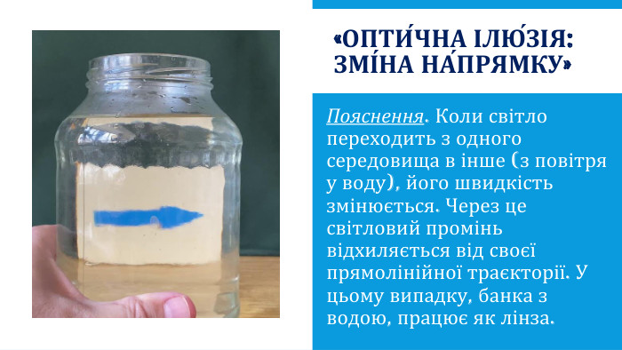 «Опти́чна ілю́зія: Змі́на на́прямку»Пояснення. Коли світло переходить з одного середовища в інше (з повітря у воду), його швидкість змінюється. Через це світловий промінь відхиляється від своєї прямолінійної траєкторії. У цьому випадку, банка з водою, працює як лінза. 