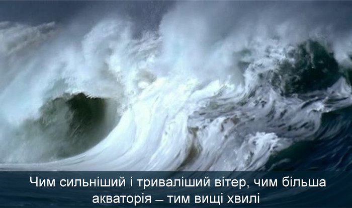  Чим сильніший і триваліший вітер, чим більша акваторія ̶ тим вищі хвилі