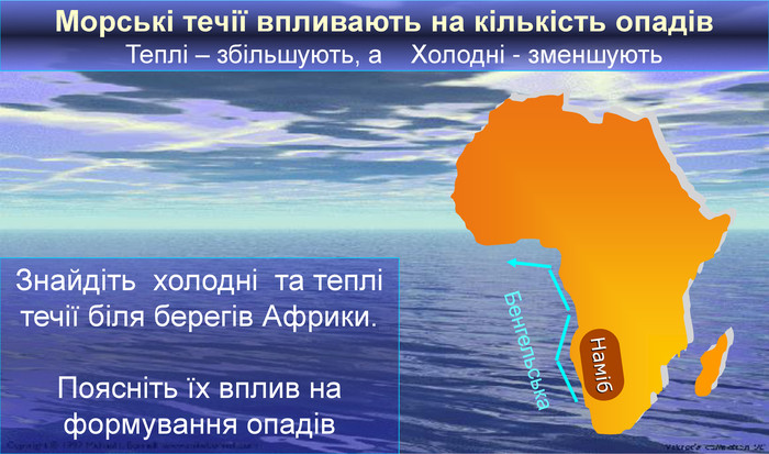 Морські течії впливають на кількість опадів Теплі – збільшують, а Холодні - зменшують. Бенгельська. Наміб. Знайдіть холодні та теплі течії біля берегів Африки. Поясніть їх вплив на формування опадів