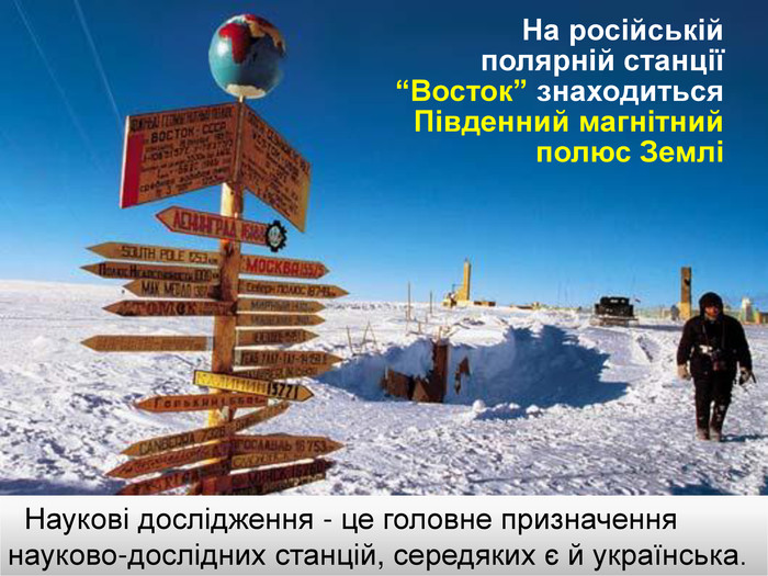 На російській полярній станції “Восток” знаходиться Південний магнітний полюс Землі Наукові дослідження - це головне призначення науково-дослідних станцій, середяких є й українська.