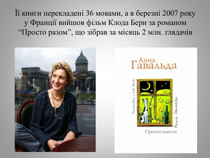 Її книги перекладені 36 мовами, а в березні 2007 року у Франції вийшов фільм Клода Бери за романом “Просто разом”, що зібрав за місяць 2 млн. глядачів