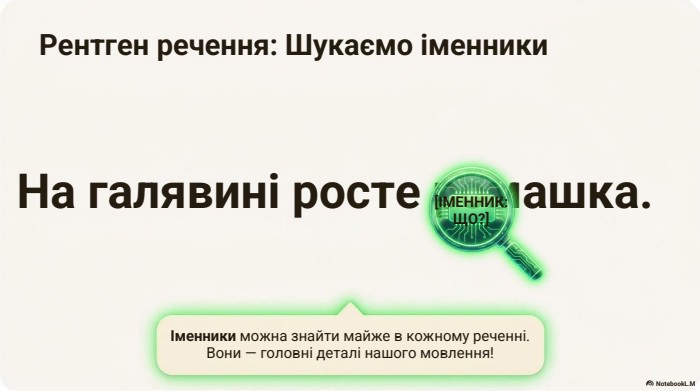 Рентген речення: Шукаємо іменники. На галявині росте ромашка.[ІМЕННИК: ЩО?]Іменники можна знайти майже в кожному реченні. Вони — головні деталі нашого мовлення!Notebook. L. M