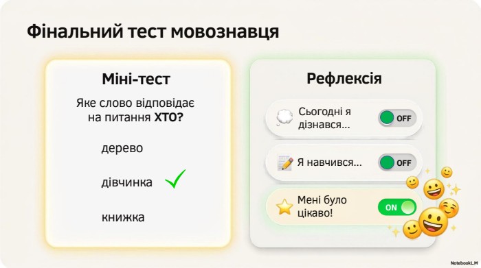 OFFONФінальний тест мовознавця. Міні-тест. Яке слово відповідаєна питання ХТО?дереводівчинкакнижка. Рефлексія. Сьогодні я дізнався... OFFЯ навчився... Мені було цікаво!Notebook. L. M