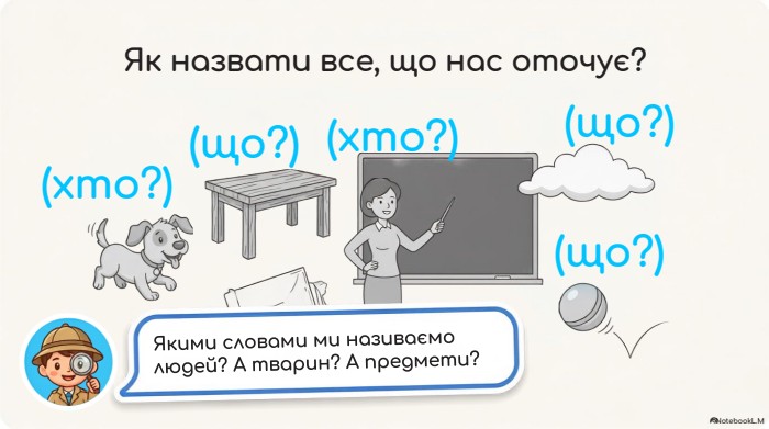 Як назвати все, що нас оточує?Якими словами ми називаємо людей? А тварин? А предмети?Notebook. L. M(що?)(що?)(хто?)(що?)(хто?)