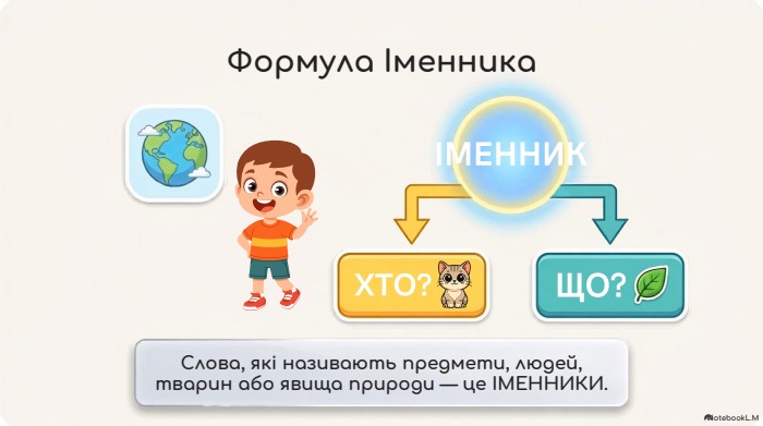 Формула Іменника. ХТО?ІМЕННИКЩО?Слова, які називають предмети, людей, тварин або явища природи — це ІМЕННИКИ. Notebook. L. M