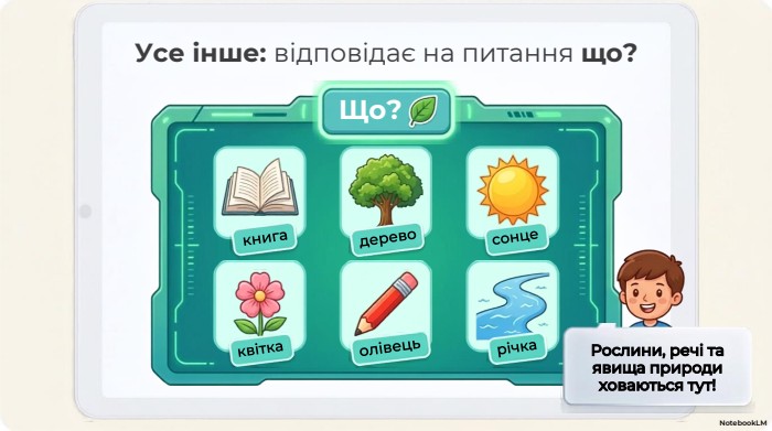 Усе інше: відповідає на питання що?Що?книгадеревосонцеквіткаолівецьрічка. Рослини, речі та явища природи ховаються тут!Notebook. LM
