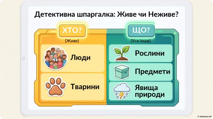 Детективна шпаргалка: Живе чи Неживе?ХТО?(Живе)Люди. Тварини. ЩО?(Усе інше)Рослини. Предмети. Явища природи. A Notebook<LM